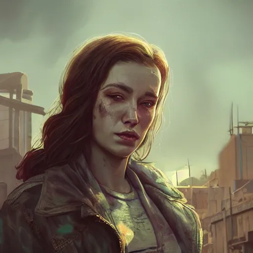 Image similar to fallout 5, charismatic beautiful rugged brunette female protagonist, portrait, outdoors ruined cityscape, atmospheric lighting, painted, intricate, volumetric lighting, beautiful, daytime, sunny weather, slight overcast, sharp focus, deep colours, ultra detailed, by leesha hannigan, ross tran, thierry doizon, kai carpenter, ignacio fernandez rios