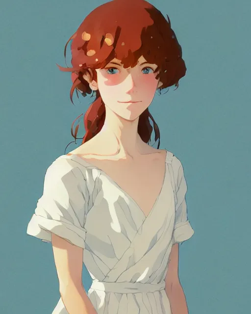 Prompt: young southern woman, freckle, ginger hair, sad cerulean eyes, simple cream dress, detailed perfect face, exquisite details, fire magic, mid view, design on a white background, by studio muti, greg rutkowski makoto shinkai takashi takeuchi studio ghibli