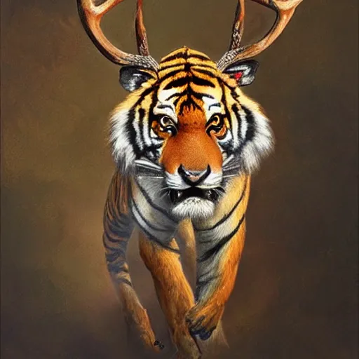 Prompt: tiger - deer creature, oil painting by justin gerard