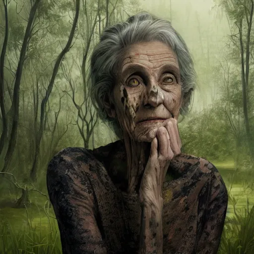 Prompt: fantasy portrait of an emaciated yet energetic old woman with silky, cloudy grey hair, black scars on her face, swamp vegetation in the background, nocturnal palette, art by greg rutowski, raphael lacoste, eddie mendoza, 4 k oil linen, soft green lighting