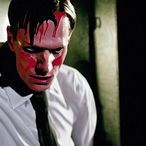 Image similar to Leon Scott Kennedy as The American Psycho, sweating intensely, cinematic still