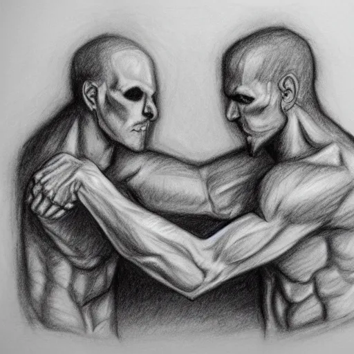 Image similar to god and the devil arm wrestling to see who wins the souls, pencil sketch