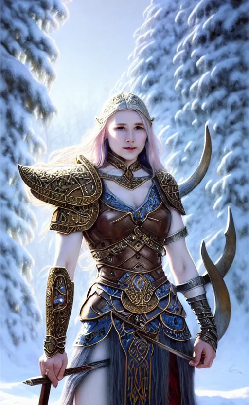 Image similar to opal viking warrior, regal, elegant, winter, snow, beautiful, stunning, hd, illustration, epic, d & d, fantasy, intricate, elegant, highly detailed, wide angle, digital painting, artstation, concept art, smooth, sharp focus, illustration, wallpaper, art by artgerm and greg rutkowski and alphonse mucha and jin xiaodi