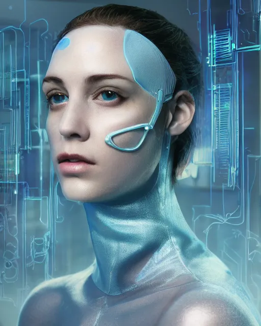 Image similar to natural light, soft focus portrait of a cyberpunk petri dish with a bacteriological culture and mold with little filaments under the microscope, octane render, tilt shift, polaeized light, blue bioluminescent plastics, smooth shiny metal, elaborate ornate head piece, piercings, skin textures, by annie leibovitz, paul lehr
