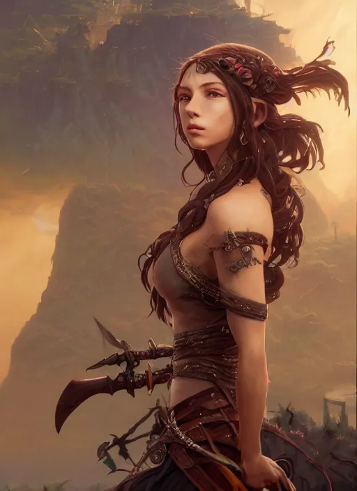 Image similar to highly detailed portrait of a half - elf woman pirate with long hair, stephen bliss, unreal engine, fantasy art by greg rutkowski, loish, rhads, ferdinand knab, makoto shinkai and lois van baarle, ilya kuvshinov, rossdraws, tom bagshaw, alphonse mucha, global illumination, radiant light, detailed and intricate environment