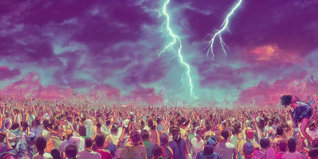 Image similar to Lightning strikes while rapper leaning over huge crowd reaching up to him, digital art, vapor wave, hip hop, surreal, trending on Artstation, professional artist, detailed, 4k