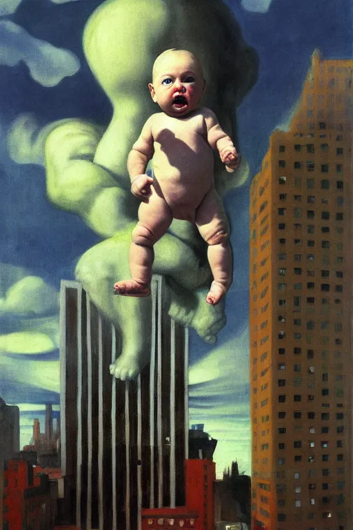 Image similar to evil human giant baby in a diaper, grows up to the sky, against the backdrop of destroyed high - rise building, hauntingly surreal, highly detailed painting by francis bacon, edward hopper, adrian ghenie, gerhard richter, and james jean soft light 4 k,