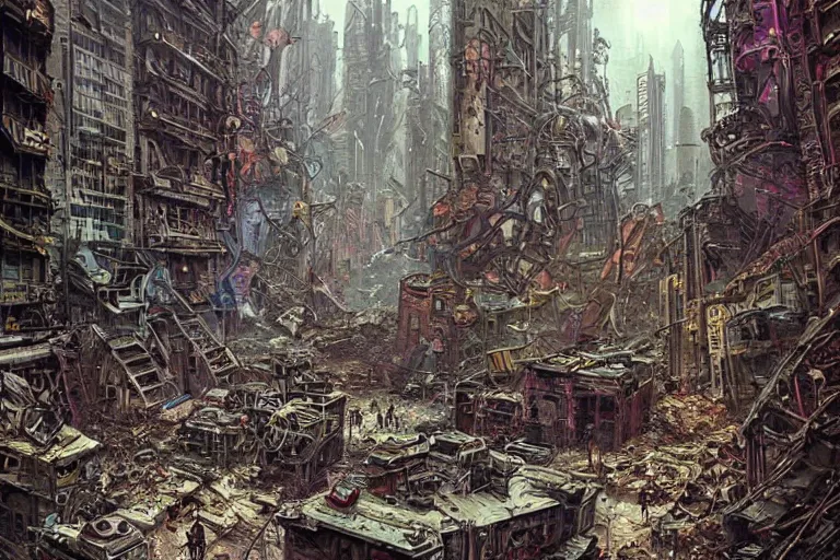 Image similar to colorful retrofuturistic power armor in post apocalyptic ruins of New York City by Joe Fenton and Greg Rutkowski