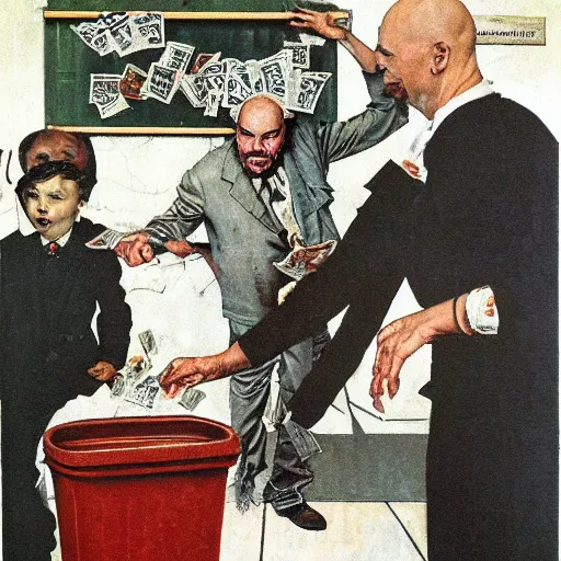 Prompt: anton lavey throwing money into a trashcan, painted by norman rockwell