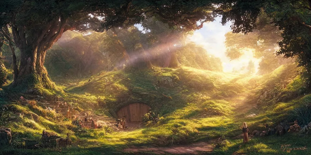 Image similar to lush and beautiful concept art for the shire, lord of the rings, peter jackson, studio ghibli, detailed, realistic lighting, volumetric lighting, golden hour,