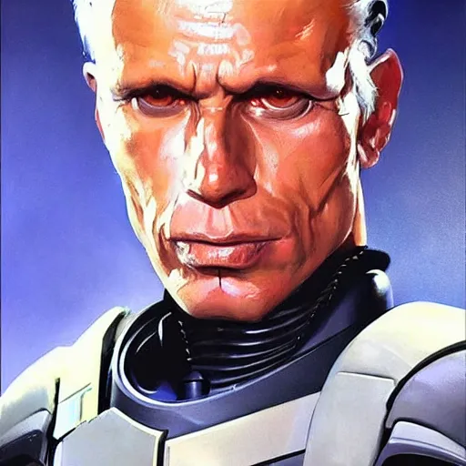 Image similar to greg manchess portrait painting of peter weller combined with the robocop as overwatch character, 8 0 ies aesthetic, medium shot, asymmetrical, profile picture, organic painting, sunny day, matte painting, bold shapes, hard edges, street art, trending on artstation, by huang guangjian and gil elvgren and sachin teng