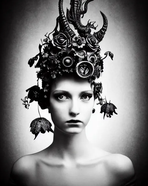 Image similar to a black and white high quality dreamy photo of a young beautiful female queen-pale dragon-vegetal-many big steampunk flowers-cyborg bust with a very long neck, elegant, highly detailed, poetic, soft, dreamy, mysterious, high fashion, in the style of Diane Arbus, Realistic, Refined, Digital Art, Highly Detailed, Cinematic Lighting, rim light, black and white, photo-realistic, 8K