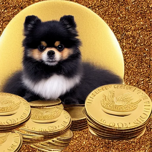 Image similar to A pomeranian wearing a top-hat, sitting on top of a large pile of gold coins