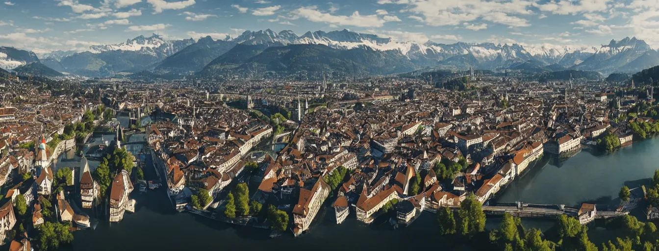 Image similar to Photo of Zurich, looking down the river at the lake and the alps, Hardturm, Grossmünster, wide angle, volumetric light, hyperdetailed, mountain water, artstation, cgsociety, 8k