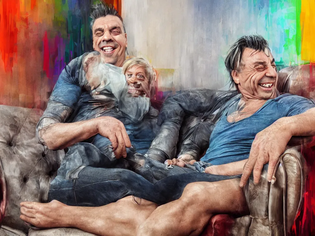 Image similar to detailed digital painting of till lindemann sits on the couch with grandmother and laughing by handoga, stunning scene, 4 k, realism, bright colors, trending on artstation