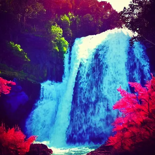 Image similar to “left wing president, good teeth, waterfall background, intense blue sky, trees, magenta colors”