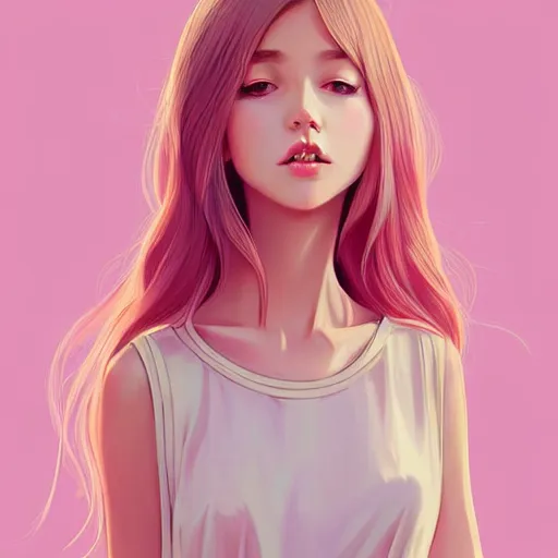 Image similar to adult female in summer dress art, pastel light pink very long hair, muted colors, matte print, pastel colors, ornate, digital art, digital painting, fan art, elegant, artstation, head is centered, by Ilya Kuvshinov