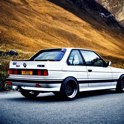 Prompt: a rear shot of a modified bmw e 3 0 with lights on a mountain road, motion blur, 3 5 mm photography, car photography, clean lines, realistic