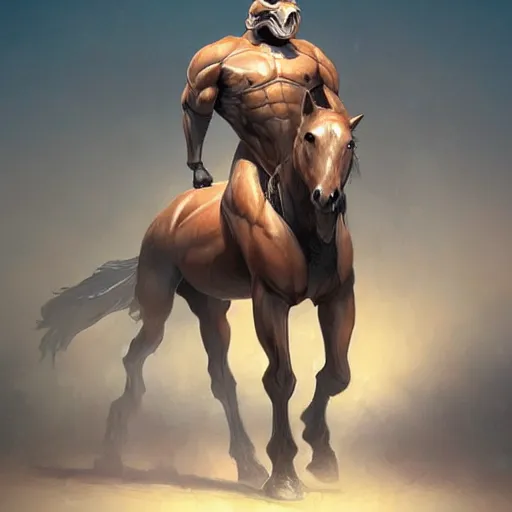Prompt: a musclebound male anthro horse in a special trooper suit, exaggeratedly large physique, highly detailed, digital painting, artstation, sharp focus, smooth, concept art, illustration, art by artgerm, greg rutkowski, wlop