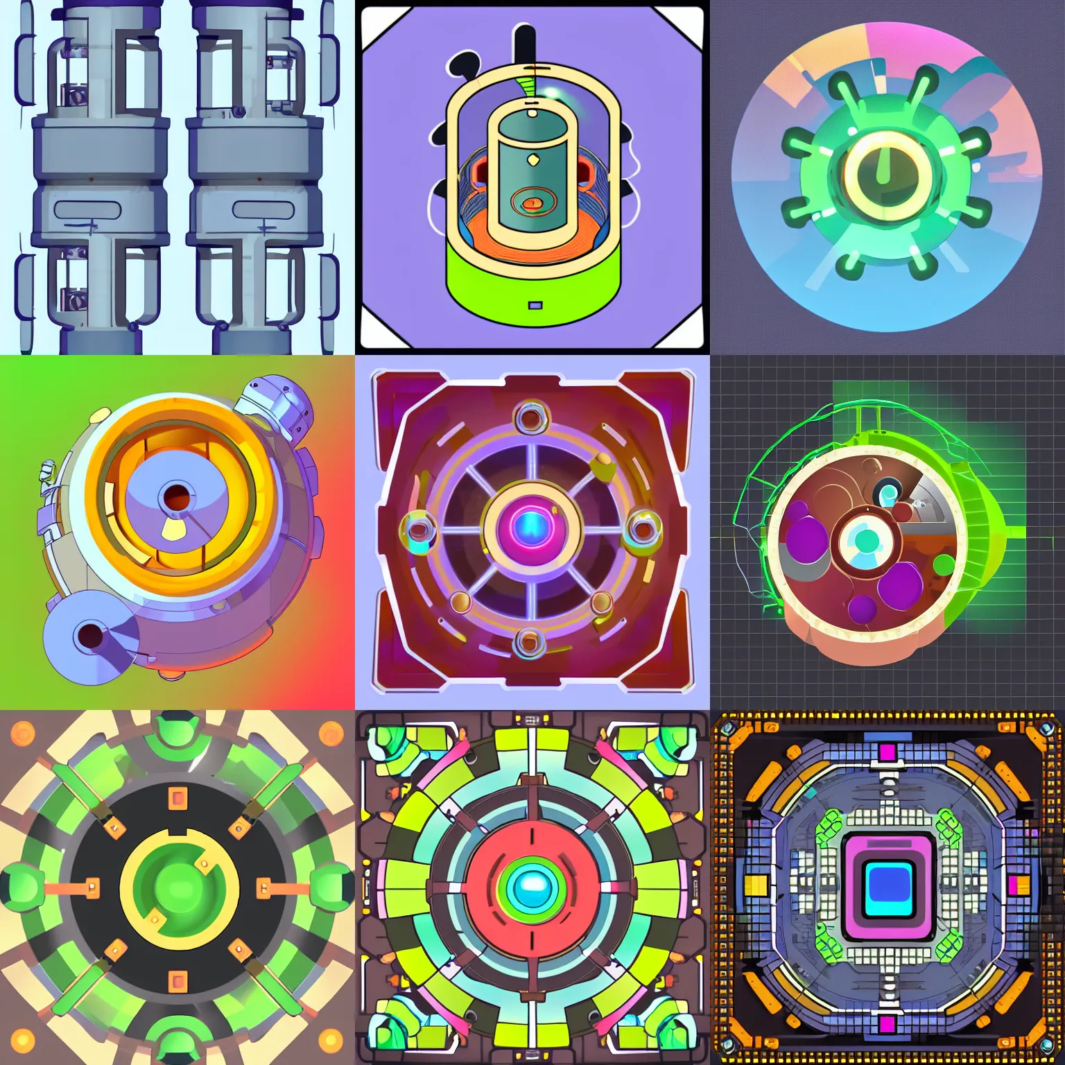 Prompt: stylized 2 d reactor. inkscape, illustrator, vector graphics, bloom, 2 d game, topdown.