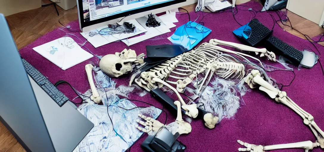 Image similar to the skeleton lies on the ground in front of the computer, office, magenta and blue