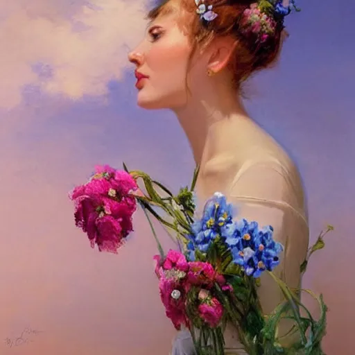 Image similar to a portrait of a romantic woman with flowers grow out of hair, roses peonies forget-me-nots dahlias lupins gladioli, sky theme in background, by Alexandr Averin, Digital Art, Trending on artstation