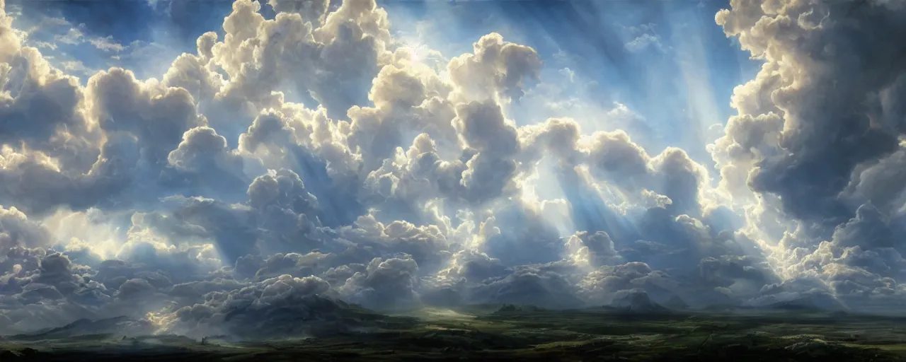 Prompt: beautiful cumulonimbus clouds with blue skies and sun - rays shining through. in the style of an incredible awe - inspiring oil on canvas mural painting by the great masters, unreal engine, 4 k, octane render, matte, exquisite detail