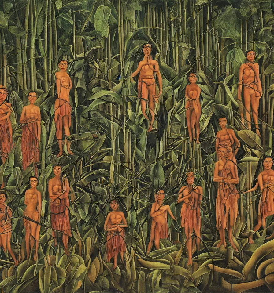 Prompt: four warrior angels lost in a forest painted by frida kahlo and ivanov vsevolod
