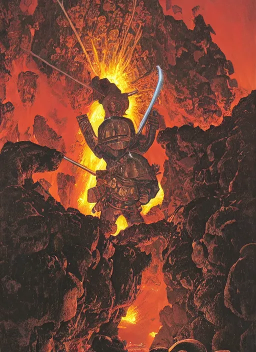 Image similar to knight in armour in lava cave, explosions, lava flows, dynamic action, by lawrence alma - tadema and zdzislaw beksinski and norman rockwell and jack kirby and tom lovell and greg staples