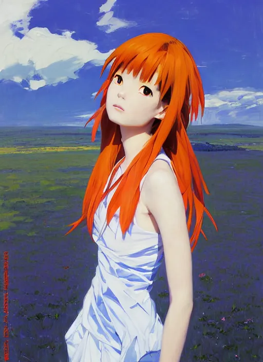 Image similar to portrait of Asuka Soryu Langley from Neon Genesis Evangelion, countryside, calm, fantasy character portrait, dynamic pose, above view, sunny day, thunder clouds in the sky, artwork by Jeremy Lipkin and Giuseppe Dangelico Pino and Michael Garmash and Rob Rey, very coherent asymmetrical artwork, sharp edges, perfect face, simple form, 100mm