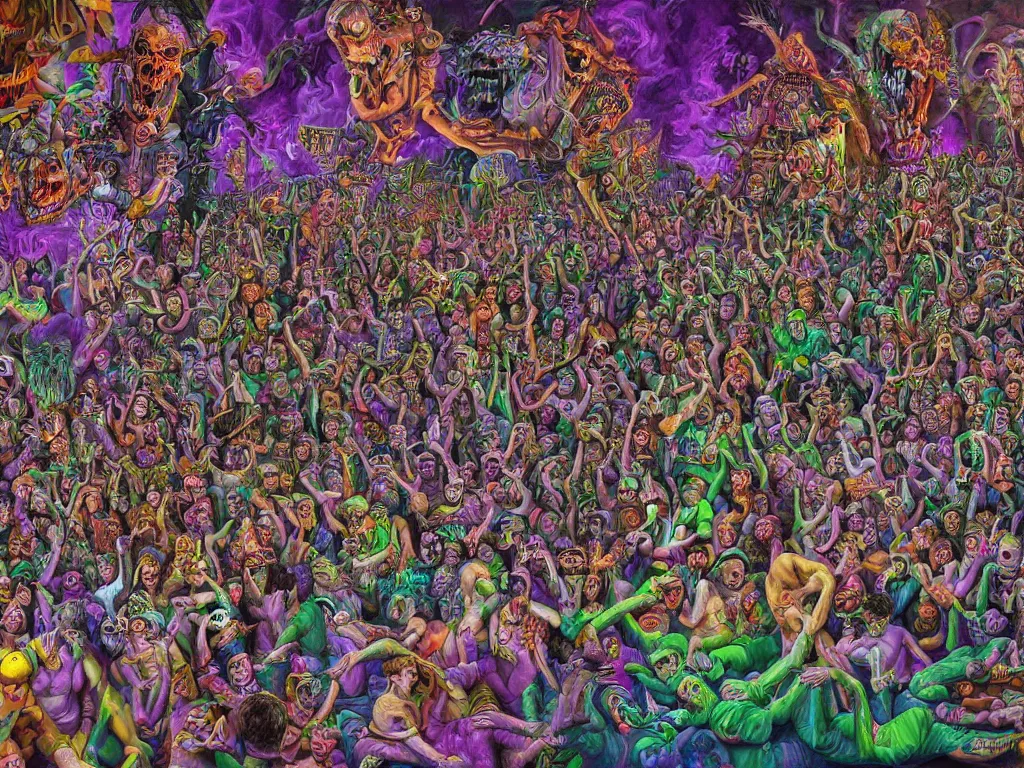 Image similar to digital painting rave party in hell by Chor Boogie, intricate details, ultra detailed, 4K, award-winning, touch of M. C. Escher and Salvador Dali