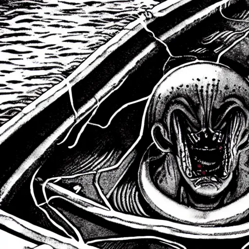 Image similar to an alien crawling on a boat. in the style of junji ito. photograph from horror film.