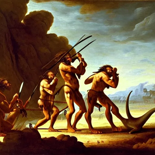 Image similar to A painting of serval cavemen with spears fighting a dinosaur, coarse canvas, visible brushstrokes, painting by Jan van Goyen