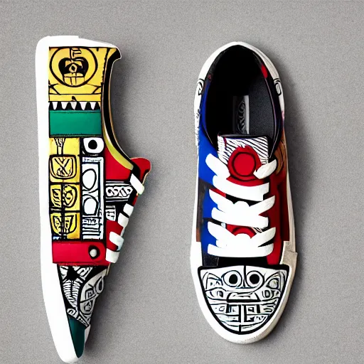 Image similar to sneaker design designed by studio ghibli, aztec mayan street fashion native punk sneaker design, majora's mask, wearing wooden mask, hip hop sneaker design with subtle mayan patterns, gapmoe yandere grimdark, trending on pixiv fanbox, painted by greg rutkowski makoto shinkai takashi takeuchi studio ghibli, akihiko yoshida