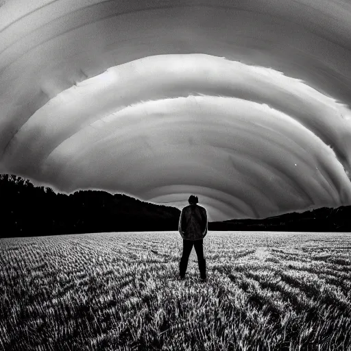 Image similar to a man standing in a open field with a rift in the sky, wide angle shot, hd, intricate detail