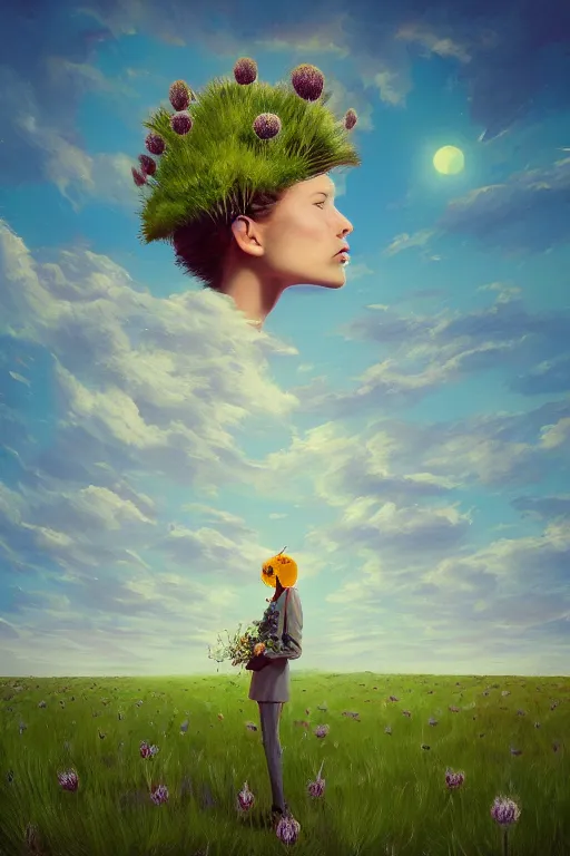 Image similar to portrait, enormous thistle flower under head, a girl in a suit in field of flowers, surreal photography, sunrise, blue sky, dramatic light, impressionist painting, digital painting, artstation, simon stalenhag