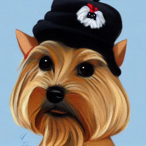 Prompt: A cute yorkshire terrier artist, wearing a french beret, 30mm, by Noah Bradley trending on ArtStation, deviantart, high detail, stylized portrait