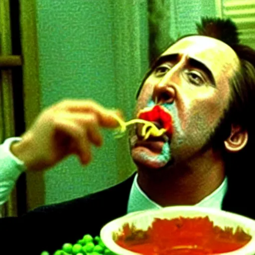 Prompt: nicolas cage drowning mouth full of peas, movie still, the wicker man