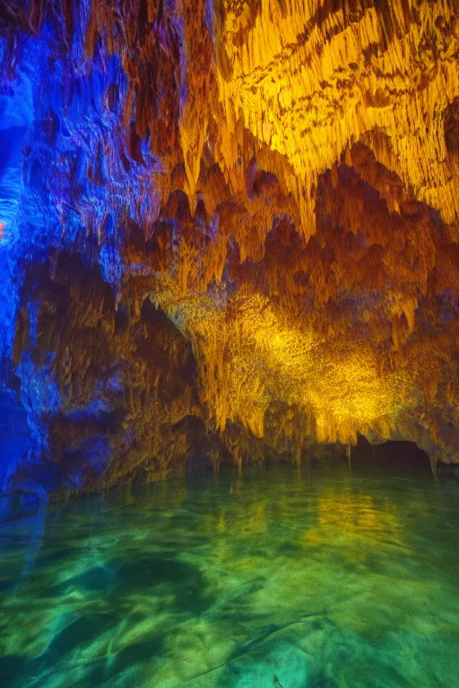 Prompt: photograph of inside of beautiful underwater glowing caves