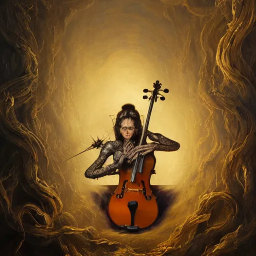 Prompt: bold simple lifelike humanoid baroque oil painting of close view of an ornate gothic violin interior with gold spidery embellishments, night, smoke, ground fog, by peter mohrbacher, by frank frazetta, by alan lee, john howe, da vinci, large depth of field, super detailed, digital art, trending on artstation, ornate