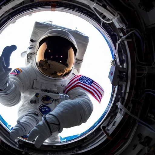 Prompt: photograph of an astronaut in space, singular light source from below, only suit legs and arms illuminated, full body photo, 8 k