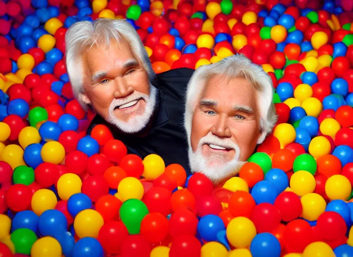 Image similar to photo still of kenny rogers in a ball pit filled with fried chicken!!!!!!!! at age 4 6 years old 4 6 years of age!!!!!!!! hiding from parents, 8 k, 8 5 mm f 1. 8, studio lighting, rim light, right side key light