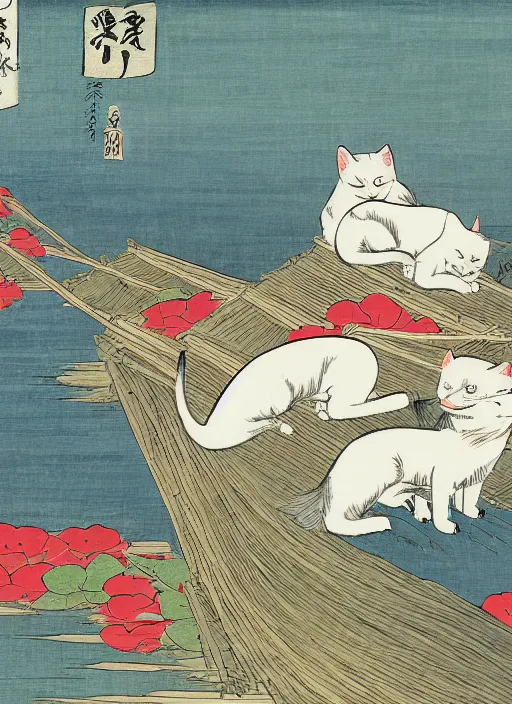 Image similar to whitecat with 2 baby white cats of utagawa hiroshige, digital painting 4 k uhd image, highly detailed