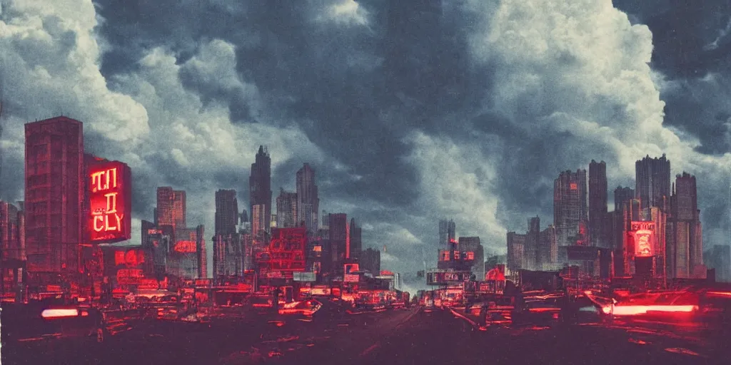 Prompt: vintage analog photograph of a gigantic futurist city, in the style of gotham city, with gigantic clouds visible above the skycrapers, heavy film grain, neon lights, rain red color bleed, rich azure tones