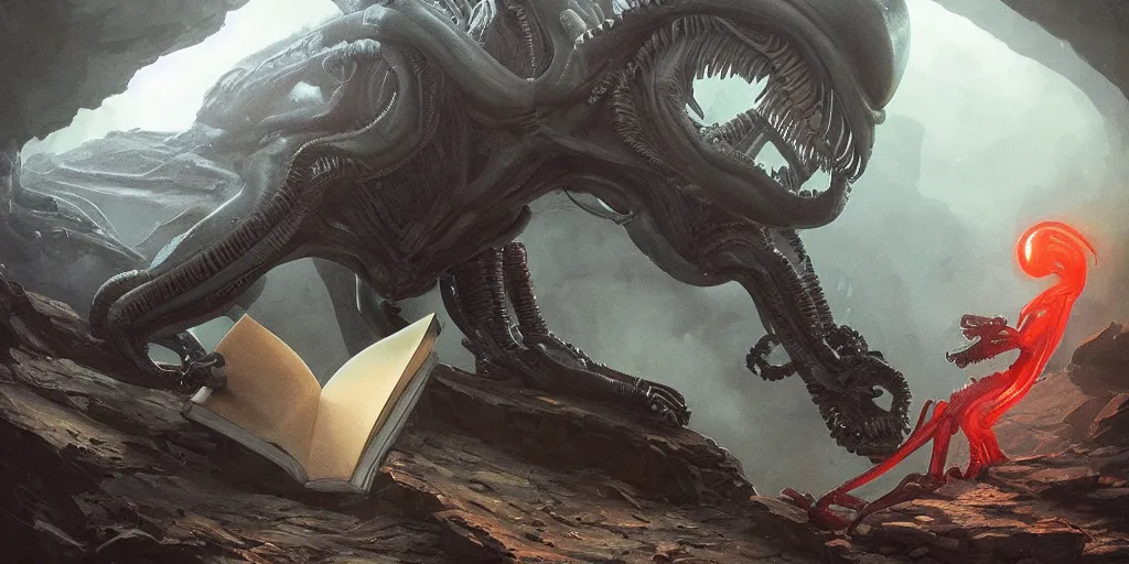 Image similar to xenomorph reading a book about the loneliness of a rock, colorful, contrast, 3 d scene, greg rutkowski, zabrocki, karlkka, jayison devadas, trending on artstation, 8 k, ultra wide angle, zenith view, pincushion lens effect