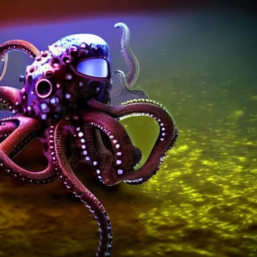 Prompt: a robot cyborg octopus, half octopus half machine, glowing eyes, underwater, murky, dark, ominous, film still