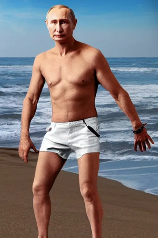 Prompt: Putin on a beach in shorts, full character, hyper realistic, highly detailed