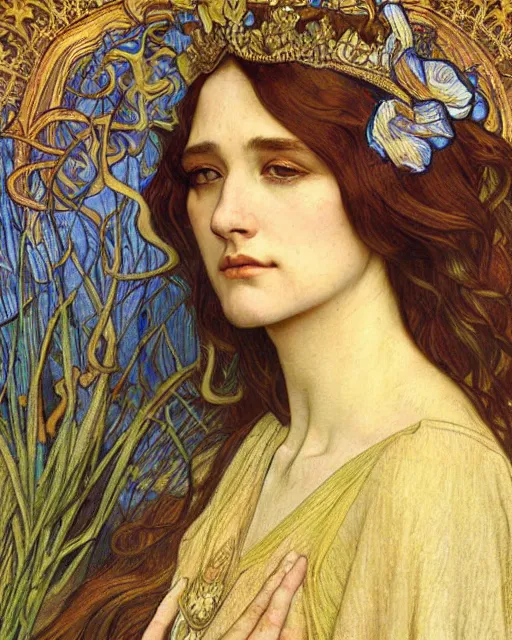 Image similar to detailed realistic beautiful young medieval queen face portrait by jean delville, alphonse mucha, vincent van gogh, and marco mazzoni, art nouveau, symbolist, visionary, gothic, pre - raphaelite