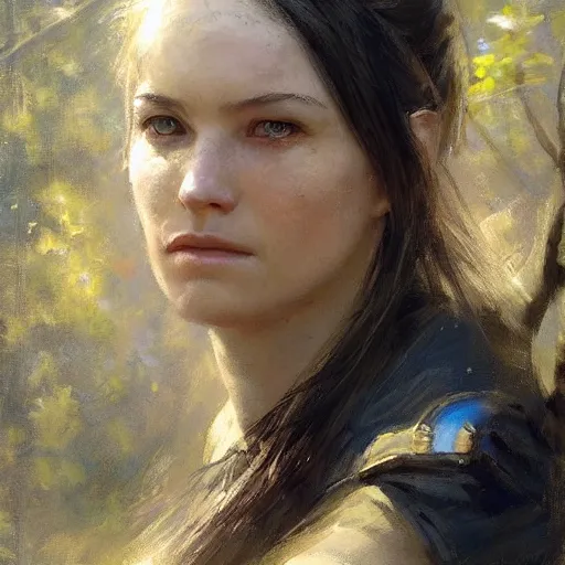 Image similar to Richard Schmid and Jeremy Lipking full length portrait photo of a beautiful ranger woman, dungeons and dragons, fantasy