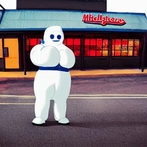 Prompt: the michelin man is standing in front of an applebee's restaurant. he has his hands behind his back in handcuffs. a police officer stands nearby holding a gun. the sun is going down. there is blood on the ground. ultra realistic, highly detailed, photography, vivid